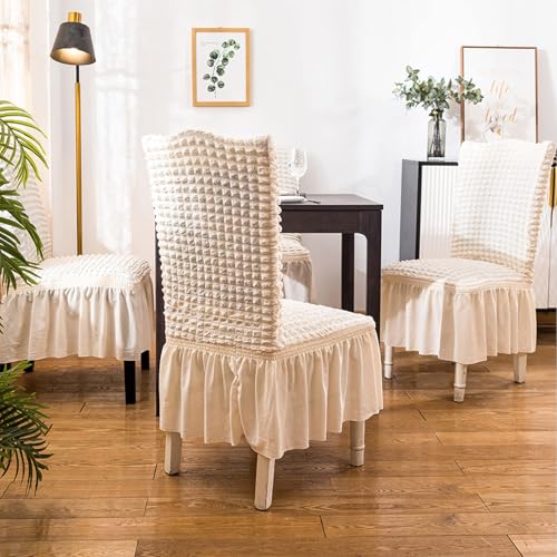 Qubjus Chair Covers for Dining Room Set of 4 Stretch Chair Slipcovers with Skirt Removable Washable Kitchen Chair Protector Cover Set for Home, Party, Wedding(Off-White, 4pcs) - Image 5