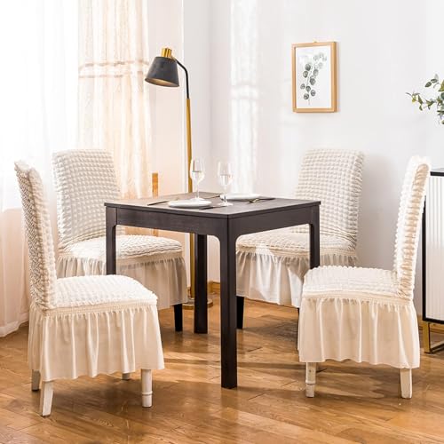 Qubjus Chair Covers for Dining Room Set of 4 Stretch Chair Slipcovers with Skirt Removable Washable Kitchen Chair Protector Cover Set for Home, Party, Wedding(Off-White, 4pcs) - Image 2