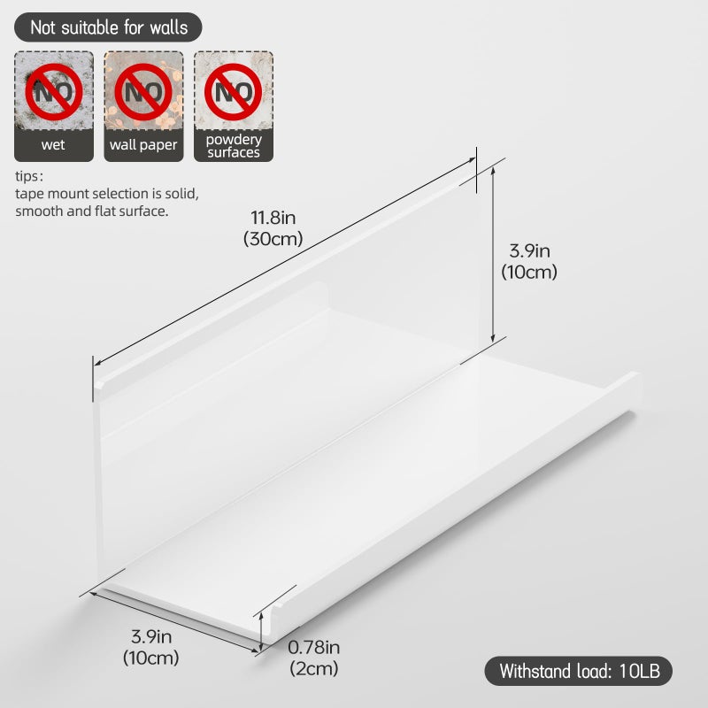 PAVSTINE Acrylic Wall Floating Shelves Set of 2, Wall Shelves White 12 Inch Adhesive Wall Organizer Adhesive Shelf for Bathroom, Kitchen, Bedroom, Office, Gaming Room, No Damage, No Drill - Image 3