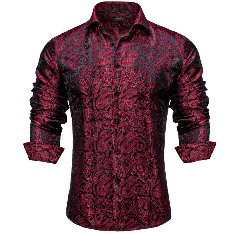 DiBanGu Mens Silk Paisley Dress Shirts,Long Sleeve Button Down Shirt Casual Regular Fit Shirt for Men Wedding Party, Deep Red Black, X-Large - Image 1
