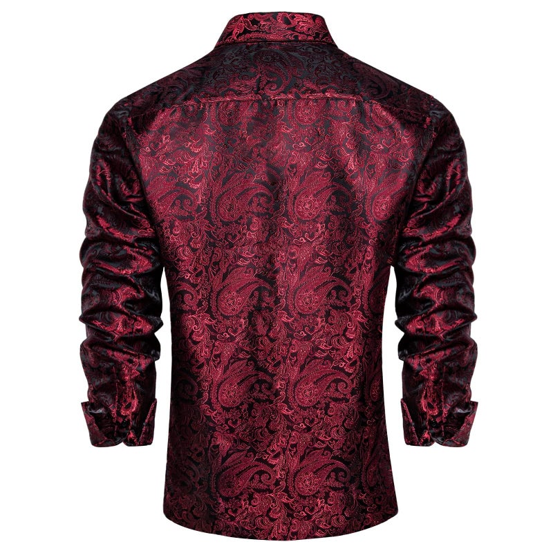 DiBanGu Mens Silk Paisley Dress Shirts,Long Sleeve Button Down Shirt Casual Regular Fit Shirt for Men Wedding Party, Deep Red Black, X-Large - Image 3