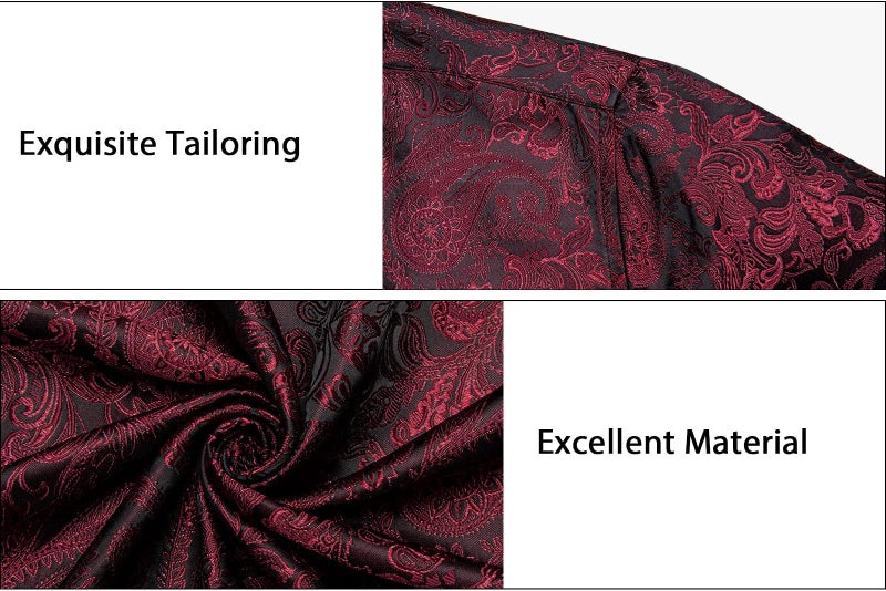 DiBanGu Mens Silk Paisley Dress Shirts,Long Sleeve Button Down Shirt Casual Regular Fit Shirt for Men Wedding Party, Deep Red Black, X-Large - Image 5