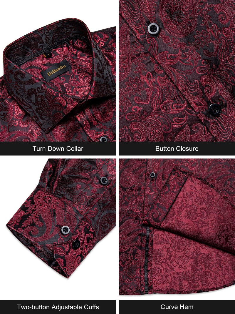 DiBanGu Mens Silk Paisley Dress Shirts,Long Sleeve Button Down Shirt Casual Regular Fit Shirt for Men Wedding Party, Deep Red Black, X-Large - Image 4