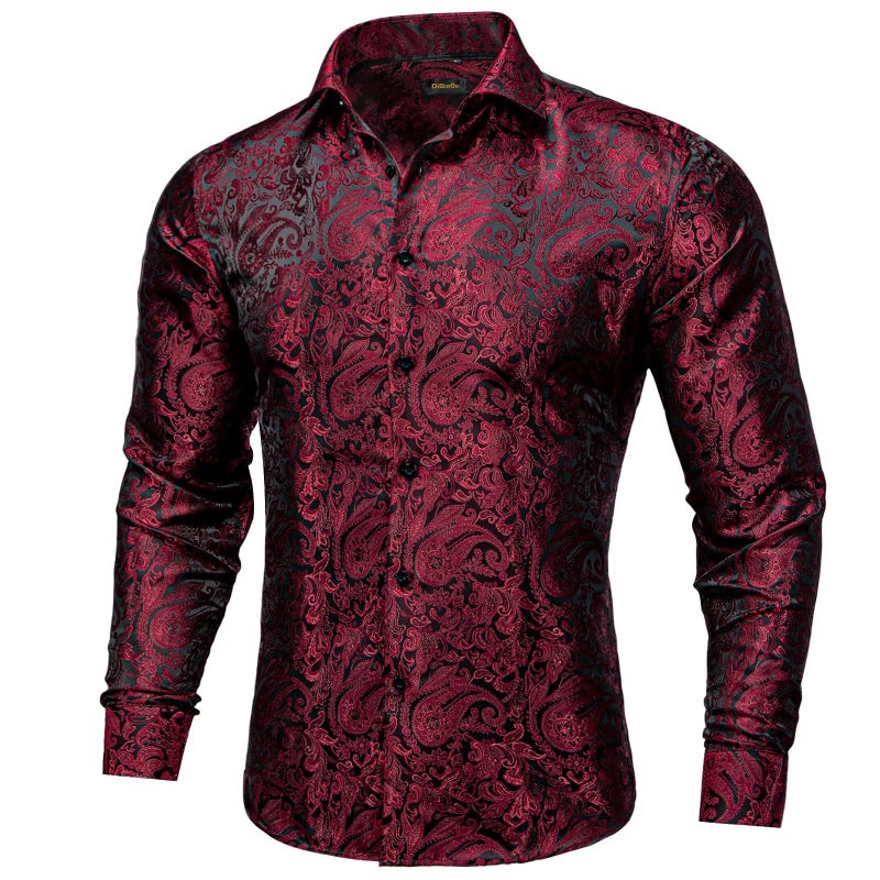 DiBanGu Mens Silk Paisley Dress Shirts,Long Sleeve Button Down Shirt Casual Regular Fit Shirt for Men Wedding Party, Deep Red Black, X-Large - Image 2