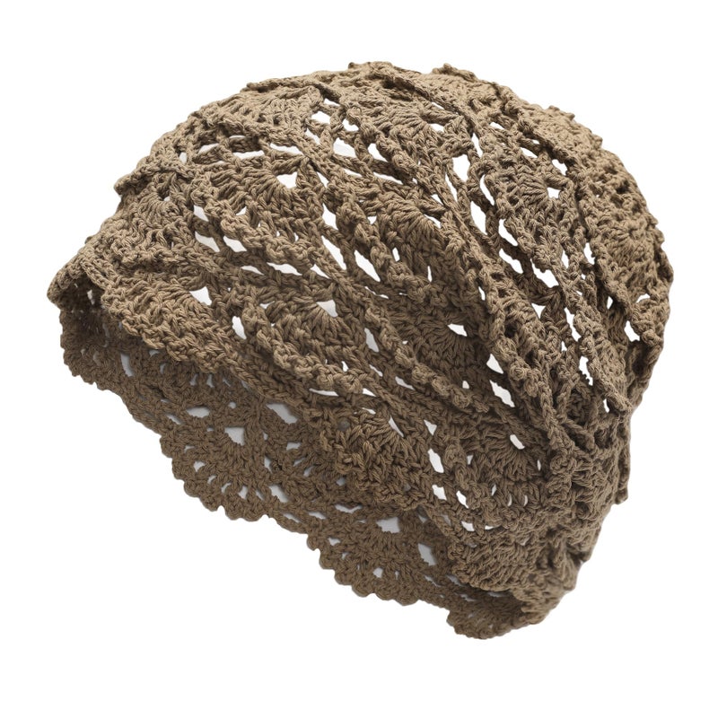 ZLYC Women Cotton Crochet Slouchy Beanie Hat Handmade Knit Cutout Summer Floral Skull Cap, Knitted Tan, one Size fits Most - Image 1