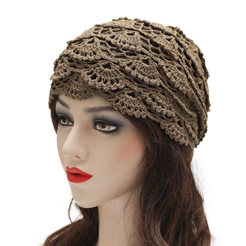 ZLYC Women Cotton Crochet Slouchy Beanie Hat Handmade Knit Cutout Summer Floral Skull Cap, Knitted Tan, one Size fits Most - Image 2