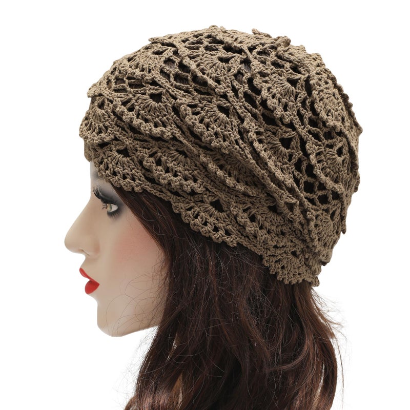 ZLYC Women Cotton Crochet Slouchy Beanie Hat Handmade Knit Cutout Summer Floral Skull Cap, Knitted Tan, one Size fits Most - Image 3