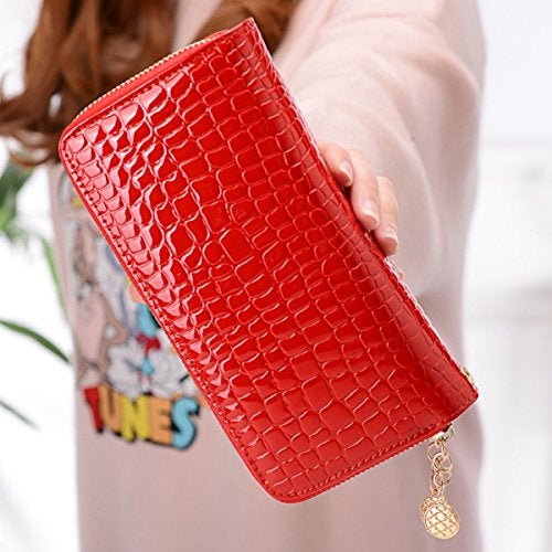 Aisi Women Patent Leather Clutch Wallet Phone Card Holder Organizer Ladies Purse (Red) - Image 2