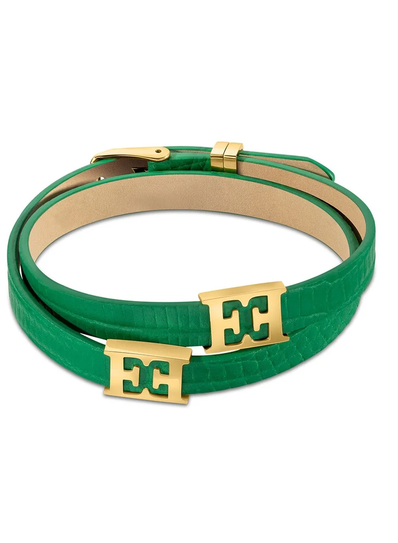 إسكادا Scarlett Green Double Leather Bracelet with Gold-Plated Logo Charm Bold and Luxurious Statement Piece