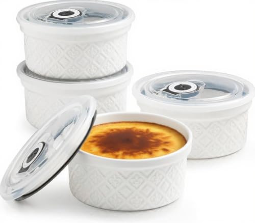 MISSYSSIM 12 oz Ramekin Oven Safe, Creme Brulee Ramekins with Lids, Small White Ceramic Ramekin, Mini Baking Bowls with Cover Set of 4, Ramekins Assorted Sizes - Image 1