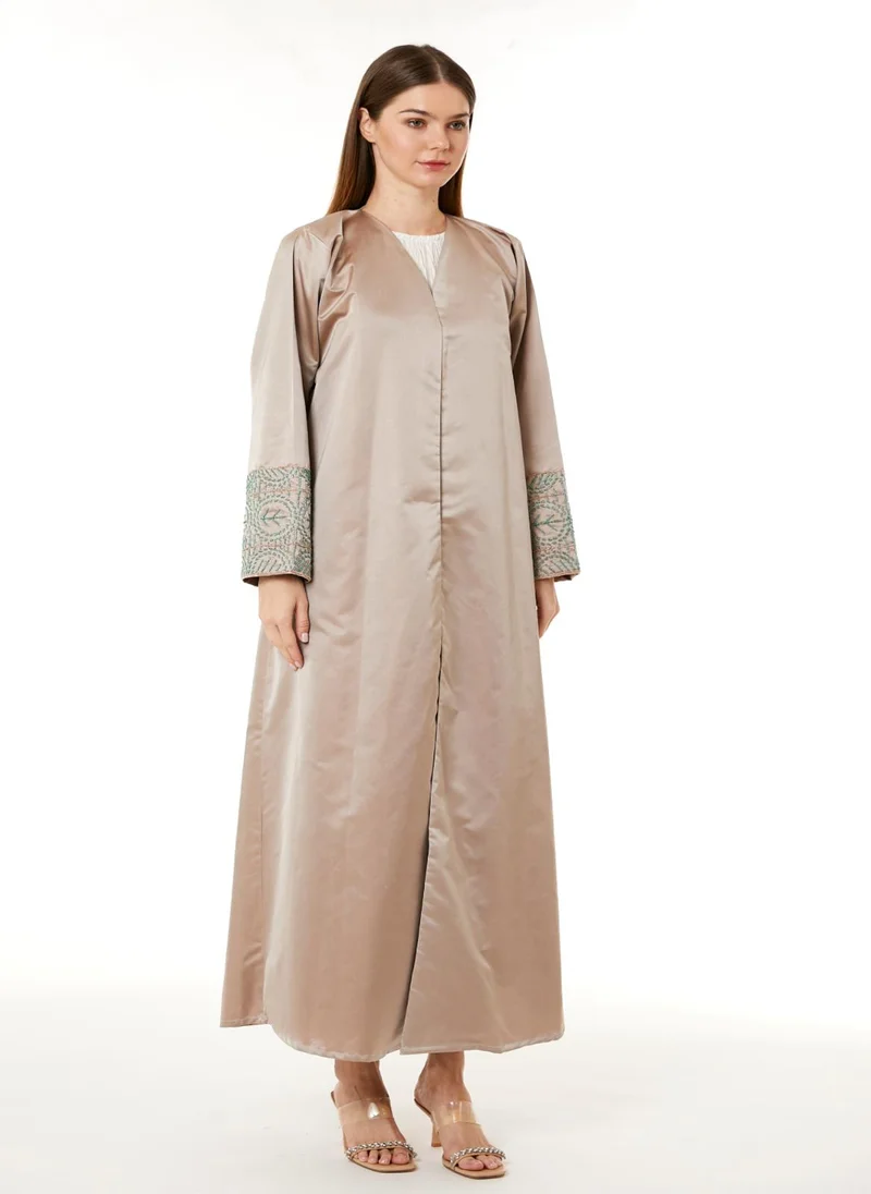 Moistreet Tan Victoria Satin Hand Embellished Abaya