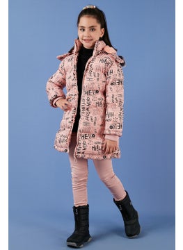 Lela Faux Fur Collar Text Printed Removable Hooded Plush Lined Winter Coat Girl's Coat 5761984  - Image 1