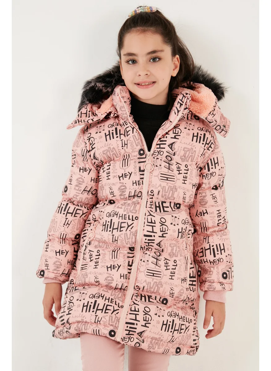 Lela Faux Fur Collar Text Printed Removable Hooded Plush Lined Winter Coat Girl's Coat 5761984