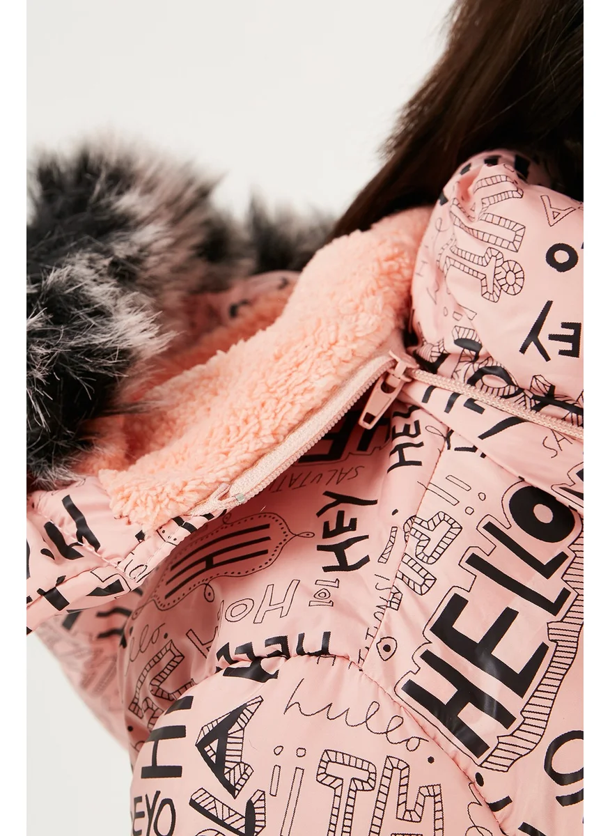 Lela Faux Fur Collar Text Printed Removable Hooded Plush Lined Winter Coat Girl's Coat 5761984