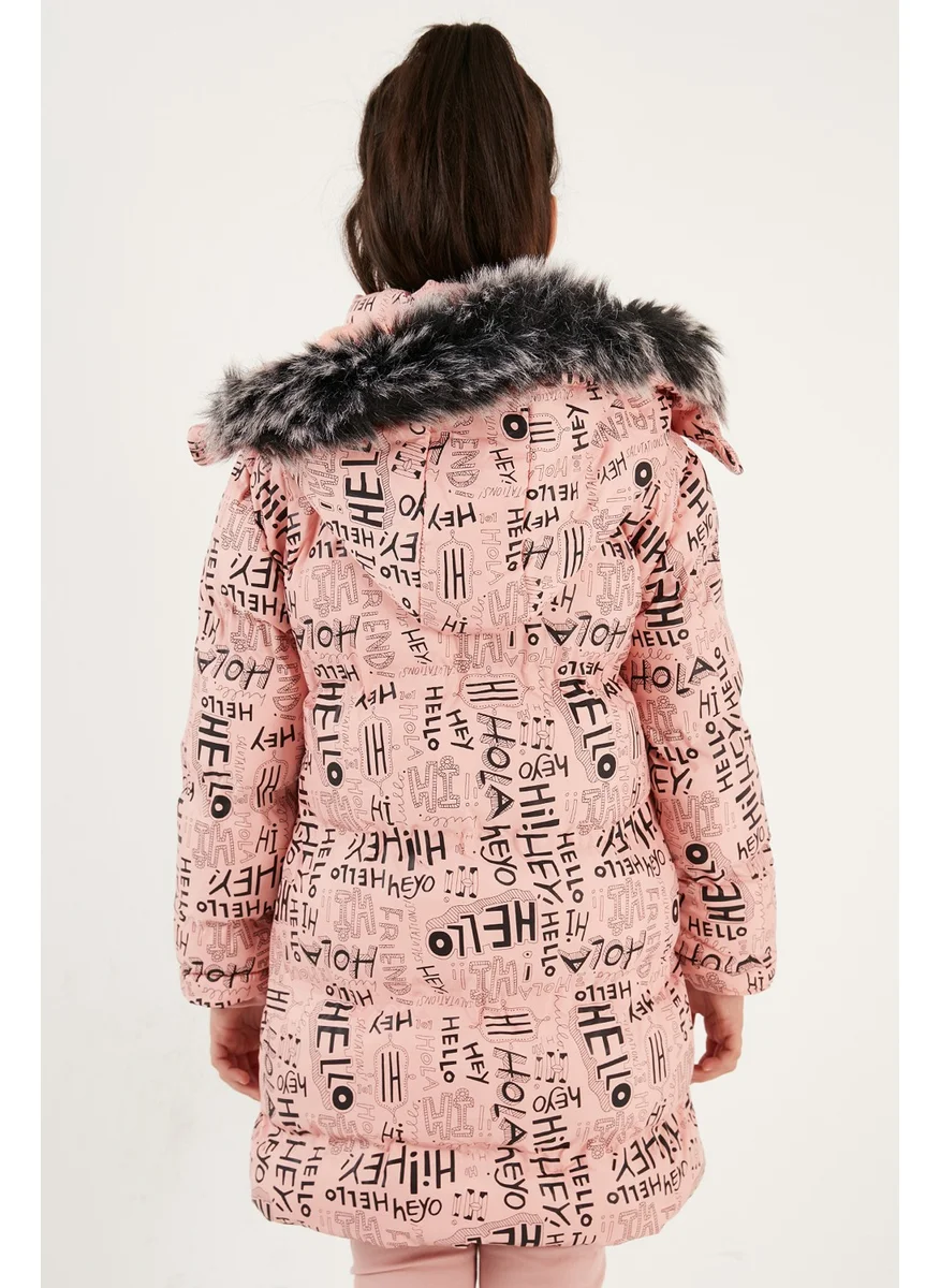 Lela Faux Fur Collar Text Printed Removable Hooded Plush Lined Winter Coat Girl's Coat 5761984