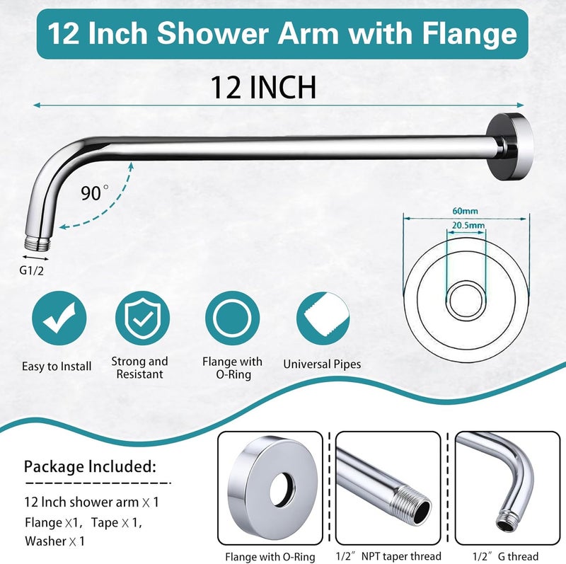 Enoughmen 12 Inch Shower Arm with Flange,Stainless Steel 90 Degree Rain Shower Head Extension Arm,Wall-Mounted Shower Head Arm for Fixed Shower Head,Chrome - Image 2