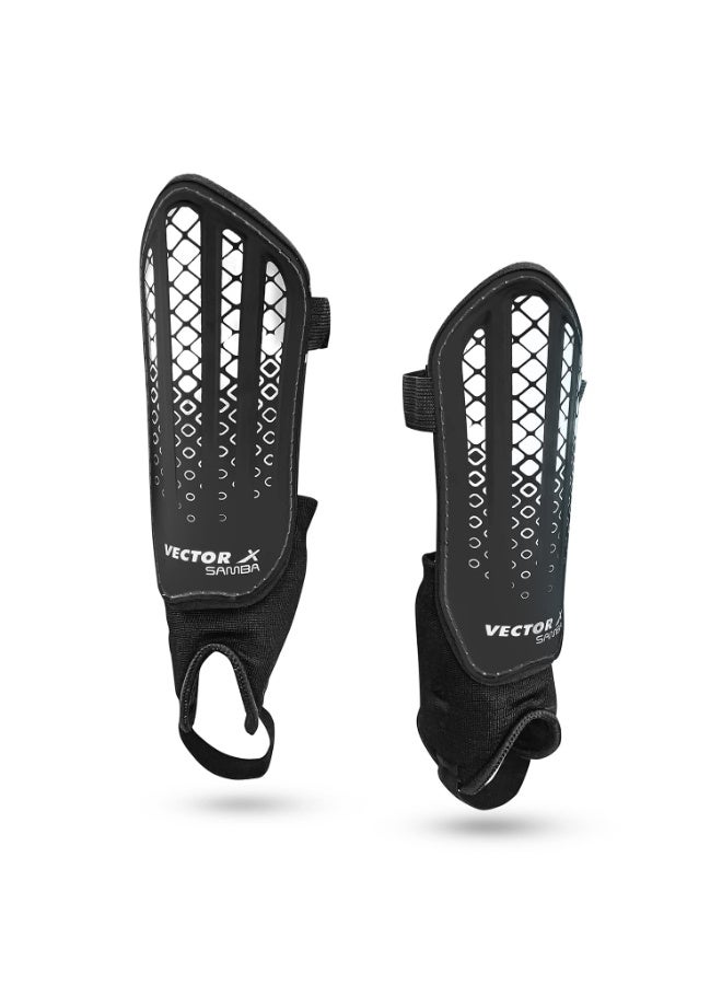 Vector X Samba Adjustable Football Shin Guards – Black & White, Protective Soccer Training & Match Gear