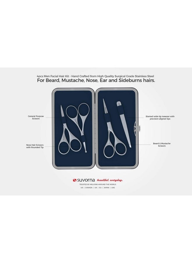 Suvorna - Premium Beard & Mustache Scissors Set/Kit With Beard Scissors For Men - Grooming Scissors Men/Facial Hair Scissors/Nose Scissors - Eyebrow Scissors - Slant Tweezers (4 Pcs Blue) - Image 1