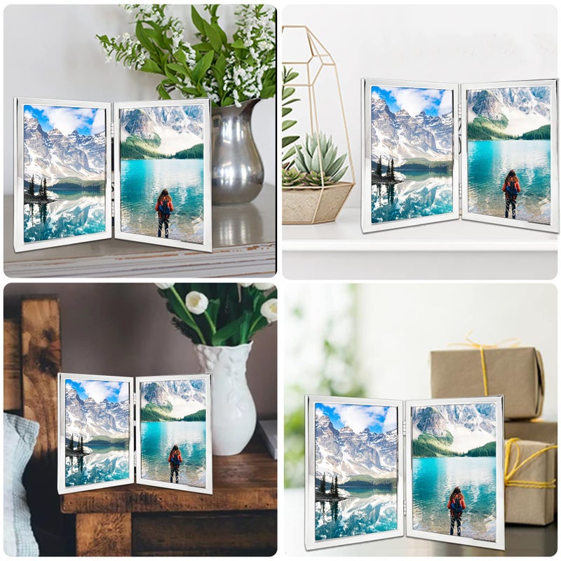 DECANIT إطار صورة مقاس 4X6 إطار معدني فضي رفيع ذو مفصلات مزدوجة مع إطارات أمامية قابلة للطي من الزجاج عالي الوضوح تقف عموديًا على سطح الطاولة فضي - Image 3