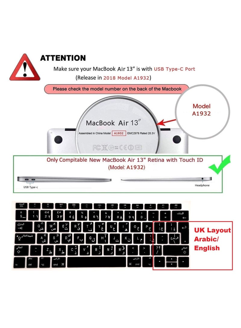 أمم UK Layout Arabic English Keyboard Cover Compatible with Only MacBook New Air 13-Inch with Retina Display and Touch ID Model A1932 Release 2018 and 2019 Black - Image 2
