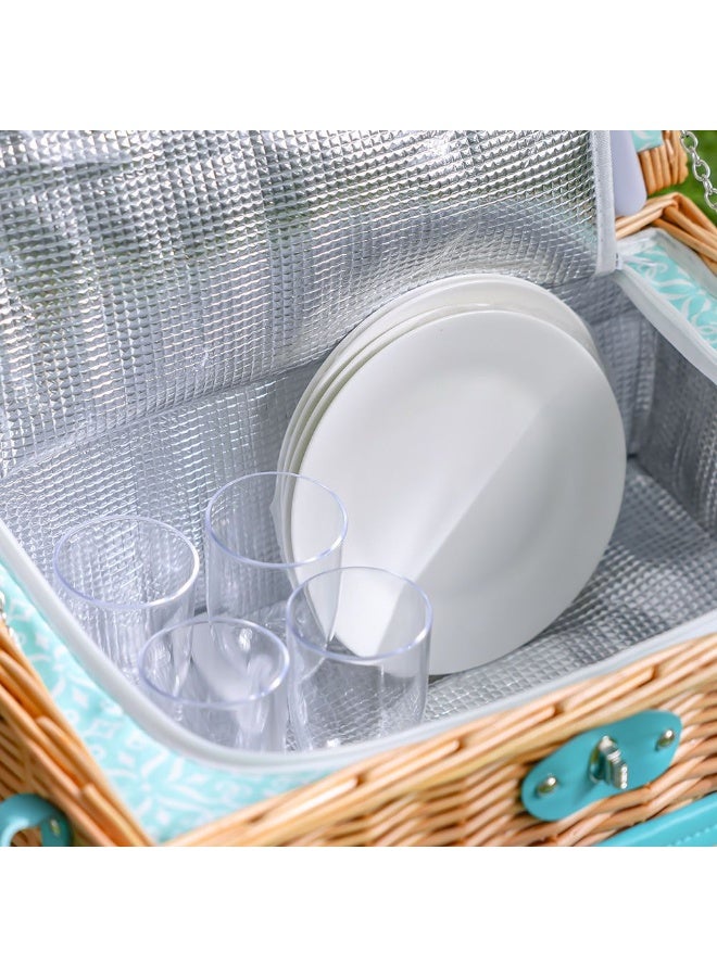 DANUBE HOME 4-Piece Multi-Color Picnic Basket Set - Includes Ceramic Plates, Cutlery, Goblets, Wine Opener, Salt & Pepper Shakers, and Blanket - Ideal for Outdoor Adventures - Image 4