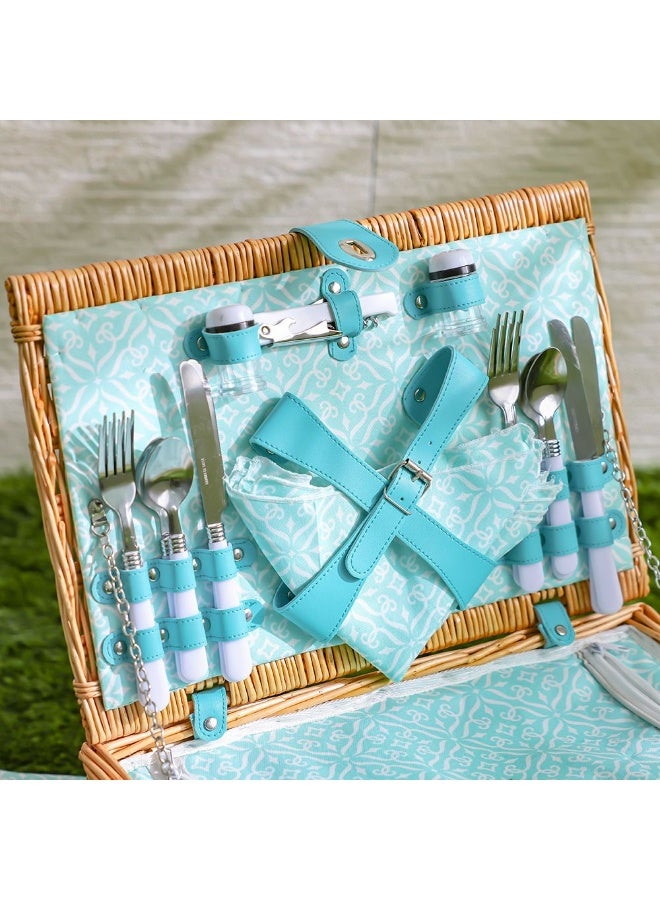 DANUBE HOME 4-Piece Multi-Color Picnic Basket Set - Includes Ceramic Plates, Cutlery, Goblets, Wine Opener, Salt & Pepper Shakers, and Blanket - Ideal for Outdoor Adventures - Image 3