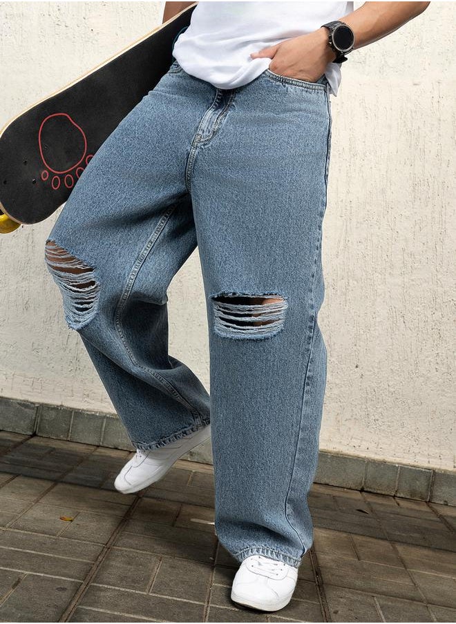 Hubberholme - Mid Rise Baggy Fit Ripped Jeans by Styli - Image 1