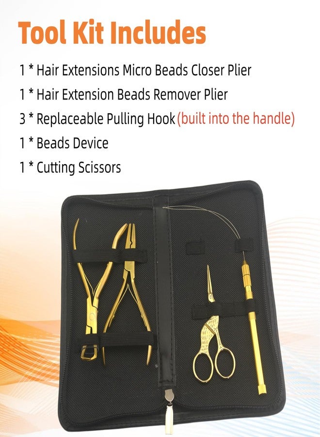 TOPWAYS Hair Extension Beading Tool Kit Hair Extensions Micro Link Bead Closer and Remover Pliers and Cutting Scissors Set, Link Micro Ring Loop Needle Pulling Hook Threader Wire for Silicone Rings (Gold) - Image 2