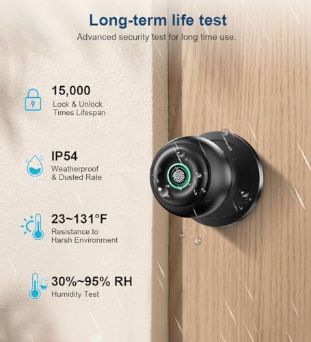 KLLOQUE Fingerprint Door Lock, Smart Fingerprint Door Knob with Lock, Biometric Door knob with App Control & Key, Keyless Thumbprint Entry Door Lock for Bedroom, Front Door, Home, Apartment Office-Matte Black - Image 4