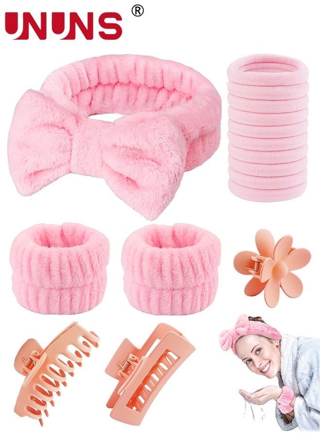 UNUNS مجموعة 16 قطعة من أشرطة غسل الوجه، روابط الشعر، شريط غسل الوجه من الفليس الكورالي، سوار، مشبك شعر على شكل زهرة ومشبكين شعر ورديين لغسل الوجه، الاستحمام، العناية بالبشرة، ملحقات الشعر، وردي - Image 1