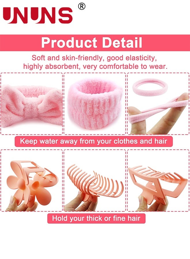 UNUNS مجموعة 16 قطعة من أشرطة غسل الوجه، روابط الشعر، شريط غسل الوجه من الفليس الكورالي، سوار، مشبك شعر على شكل زهرة ومشبكين شعر ورديين لغسل الوجه، الاستحمام، العناية بالبشرة، ملحقات الشعر، وردي - Image 3