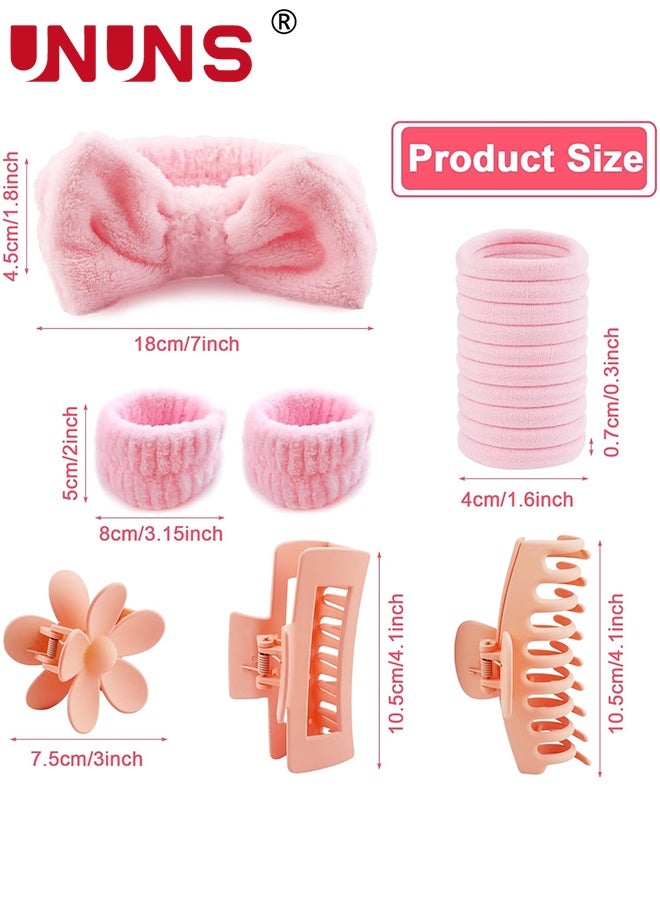 UNUNS مجموعة 16 قطعة من أشرطة غسل الوجه، روابط الشعر، شريط غسل الوجه من الفليس الكورالي، سوار، مشبك شعر على شكل زهرة ومشبكين شعر ورديين لغسل الوجه، الاستحمام، العناية بالبشرة، ملحقات الشعر، وردي - Image 2