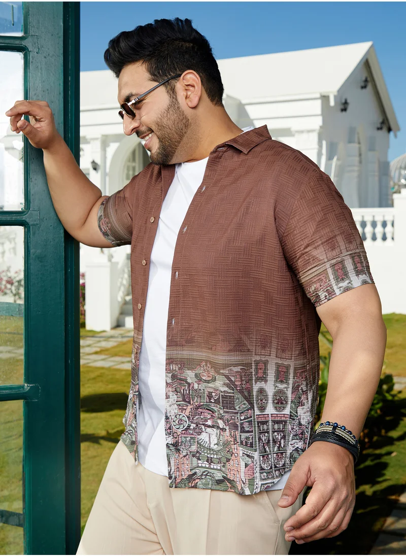 انستافاب بلس Instafab Plus Men's Chocolate Brown Folk Ombre-Tactile Shirt For Casual Wear | Spread Collar | Short Regular Sleeves | Button Closure | Plus Size Shirt Crafted With Comfort Fit For Everyday Wear