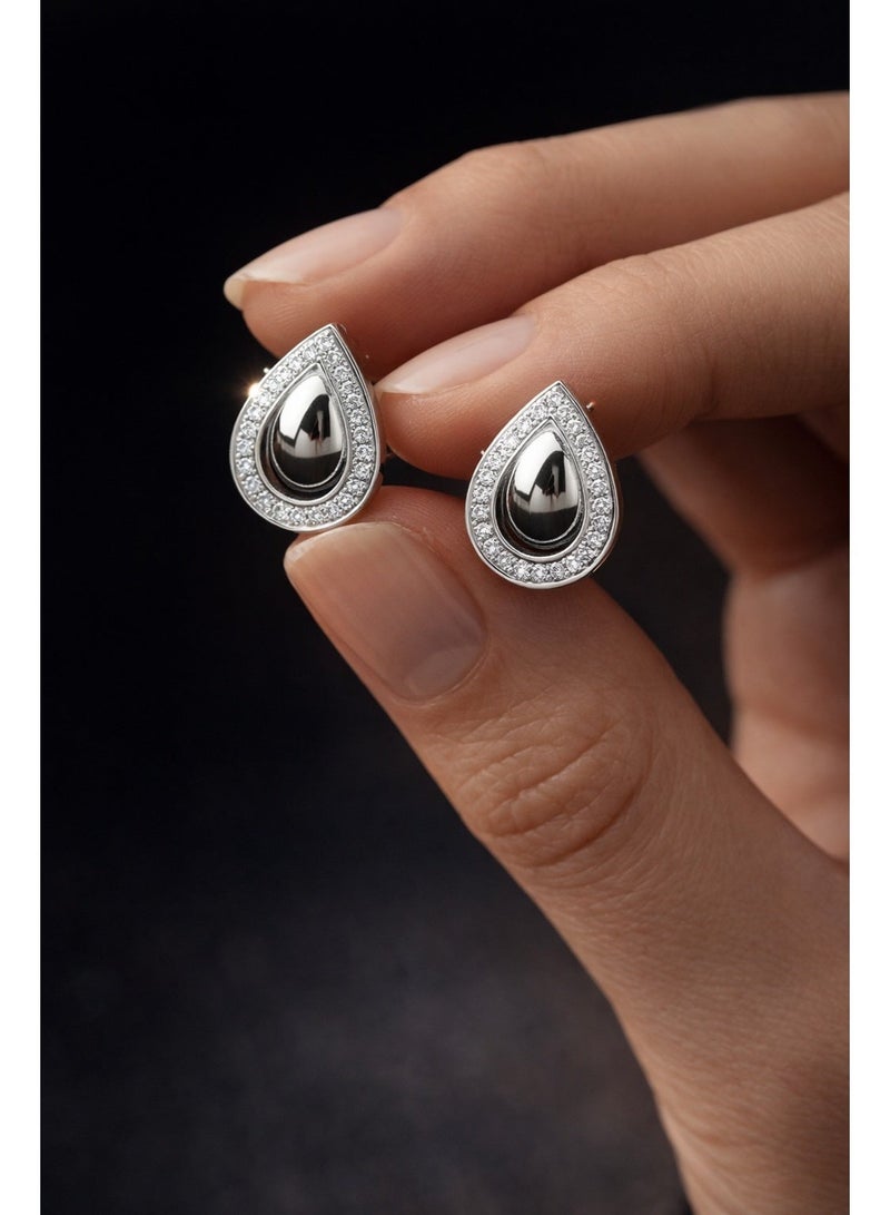3Diamonds Platinum & Rhodium Plated Teardrop Stud Earrings with Zircon Halo - Image 3