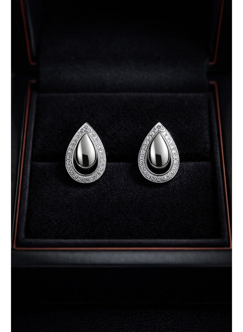 3Diamonds Platinum & Rhodium Plated Teardrop Stud Earrings with Zircon Halo - Image 2