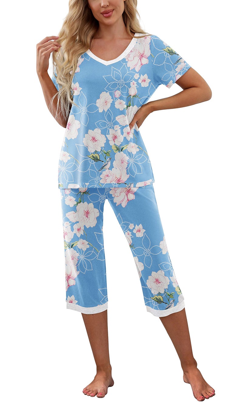 PrinStory Women's Pajama Set Short Sleeve Shirt and Capri Pants Sleepwear Pjs Sets with Pockets FP-Light Blue-Large - Image 2