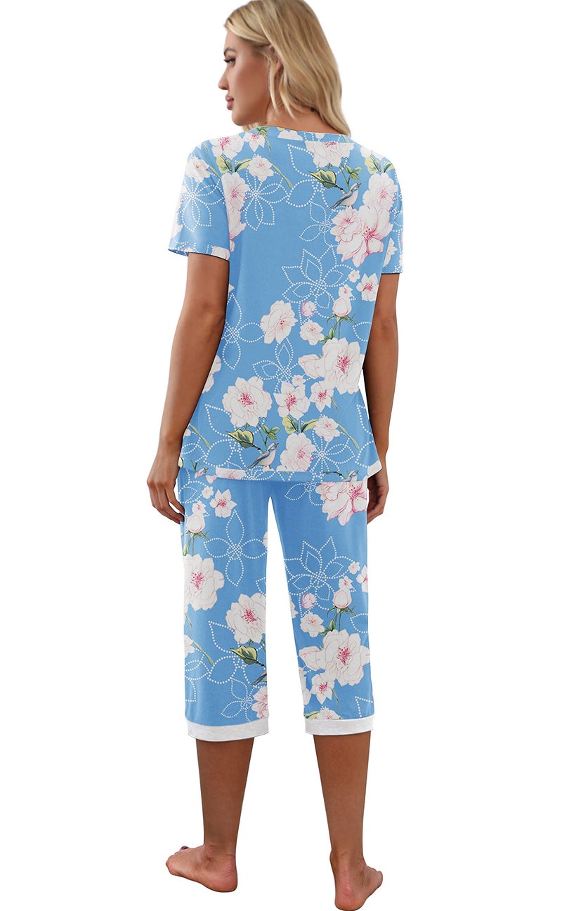 PrinStory Women's Pajama Set Short Sleeve Shirt and Capri Pants Sleepwear Pjs Sets with Pockets FP-Light Blue-Large - Image 5