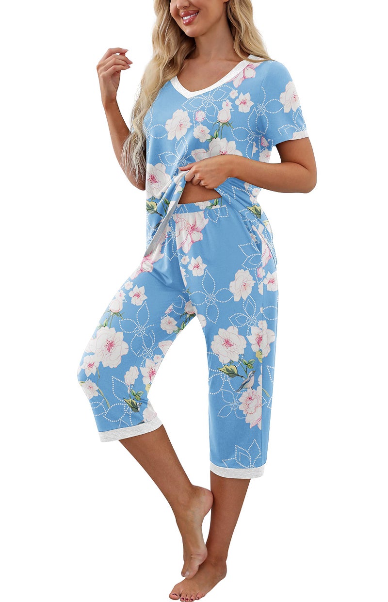 PrinStory Women's Pajama Set Short Sleeve Shirt and Capri Pants Sleepwear Pjs Sets with Pockets FP-Light Blue-Large - Image 4