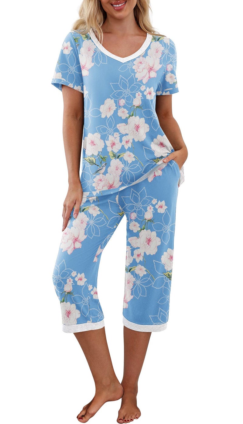 PrinStory Women's Pajama Set Short Sleeve Shirt and Capri Pants Sleepwear Pjs Sets with Pockets FP-Light Blue-Large - Image 1