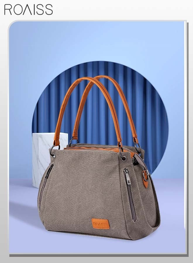 roaiss Generous Capacity Canvas Tote Bag Casual Shoulder Handbag Crossbody Style with Long Strap and Pockets for Young Women Teenagers Ideal for School and Shopping Grey Orange - Image 1