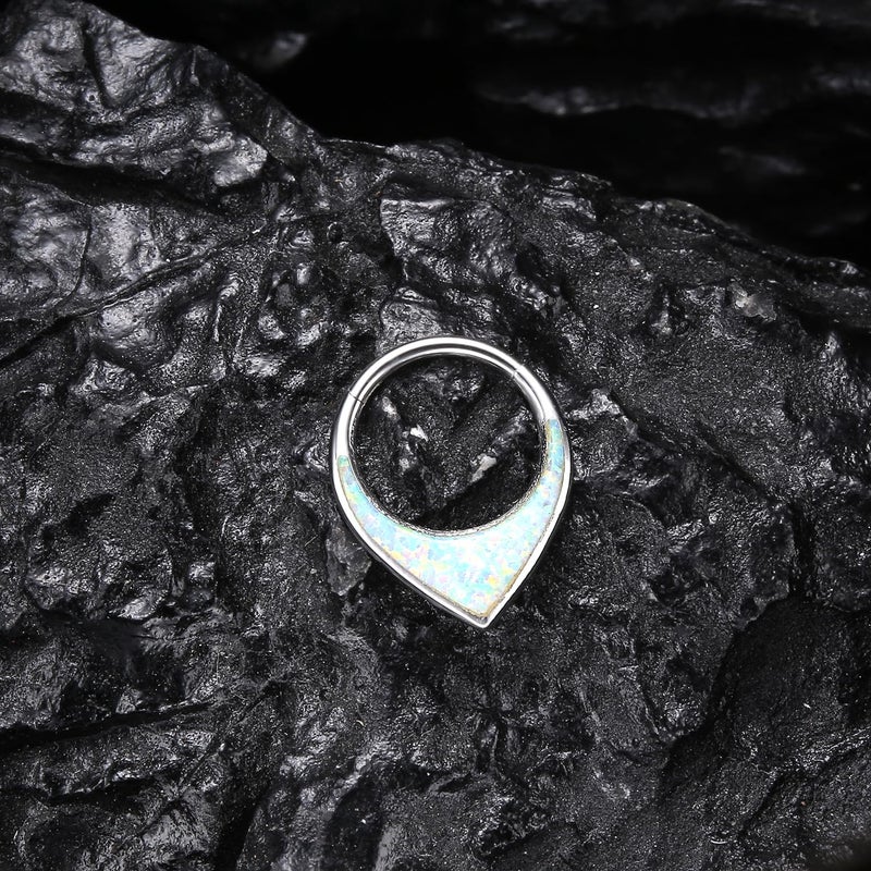 VOJO G23 Titanium 16G Teardrop Septum Hoop Ring Daith Tragus Piercing Clicker Nose Jewelry for Women (8mm,Opal White) - Image 5