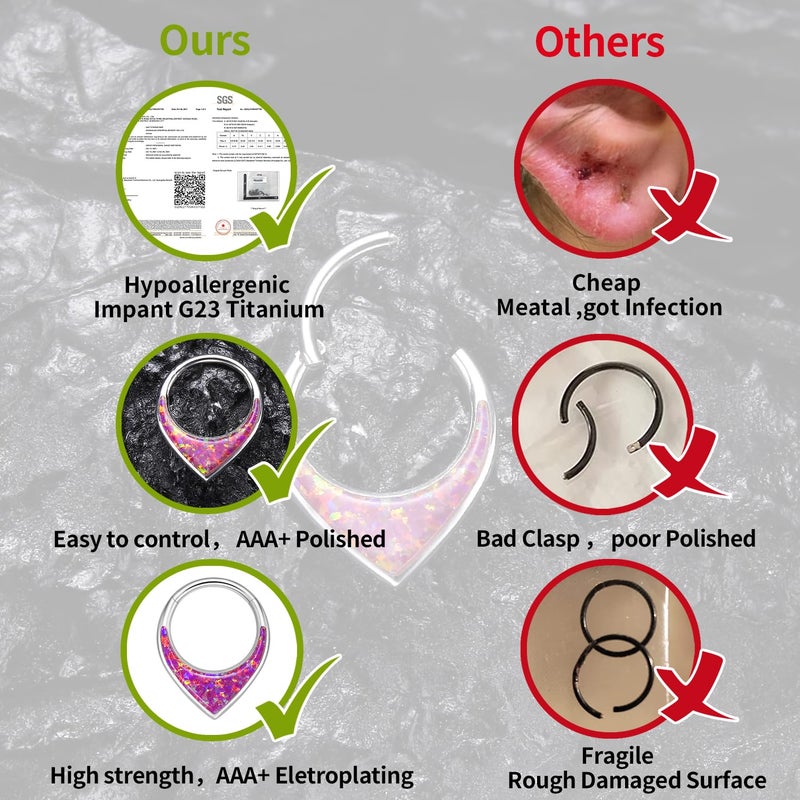 VOJO G23 Titanium 16G Teardrop Septum Hoop Ring Daith Tragus Piercing Clicker Nose Jewelry for Women (8mm,Opal White) - Image 4