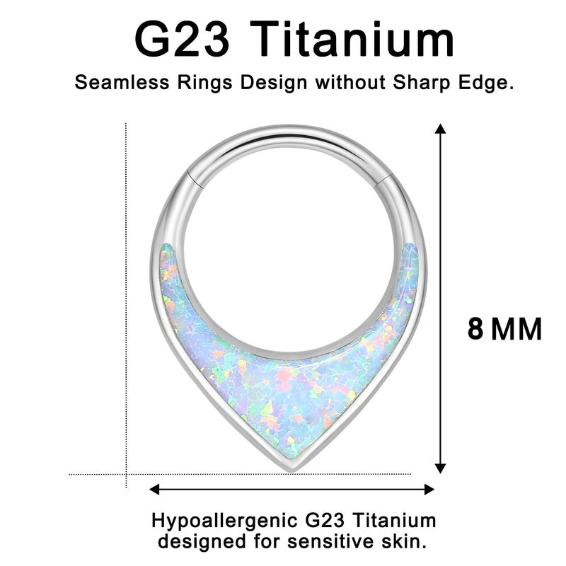 VOJO G23 Titanium 16G Teardrop Septum Hoop Ring Daith Tragus Piercing Clicker Nose Jewelry for Women (8mm,Opal White) - Image 3