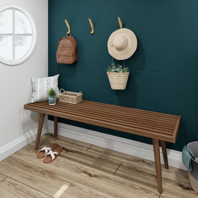 Plank+Beam Entryway Bench, Wooden End of Bed Bench for Bedroom, Mid-Century Modern Square Bench for Hallway, Living Room, Indoor, Porch, 56.25", Walnut - Image 2