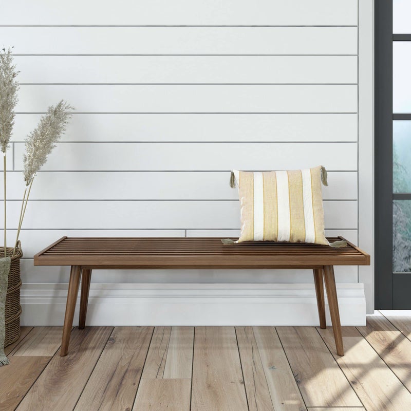Plank+Beam Entryway Bench, Wooden End of Bed Bench for Bedroom, Mid-Century Modern Square Bench for Hallway, Living Room, Indoor, Porch, 56.25", Walnut - Image 1