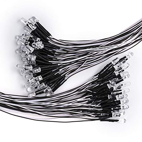 DiCUNO 100Pcs 5MM Pre Wired 12V Daylight White LED Diodes, 9.4 Inch/24CM Ultra Bright Light Emitting Diodes Assorted Color Kit Box for Circuit Science Experiment, DIY Lighting Projects - Image 1