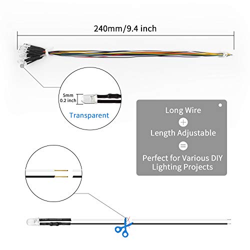 DiCUNO 100Pcs 5MM Pre Wired 12V Daylight White LED Diodes, 9.4 Inch/24CM Ultra Bright Light Emitting Diodes Assorted Color Kit Box for Circuit Science Experiment, DIY Lighting Projects - Image 2