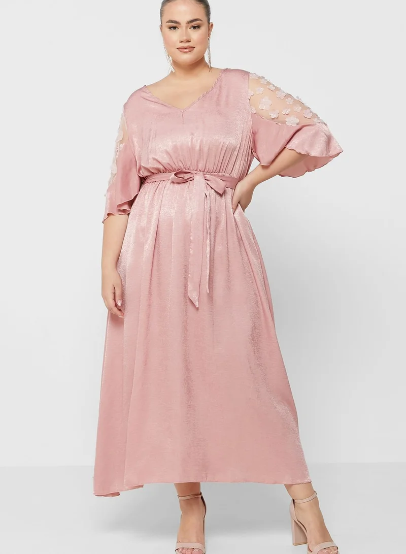 Ella Plus Mesh Cutout Sleeve Detail Belted Dress