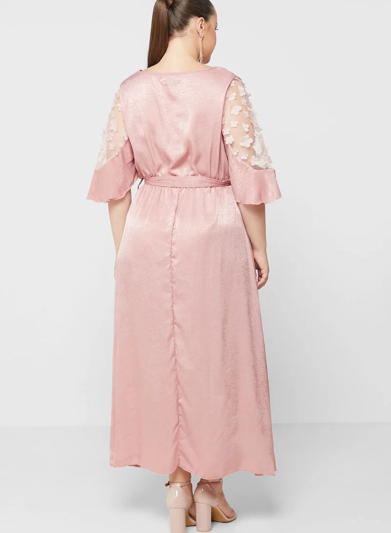 Ella Plus Mesh Cutout Sleeve Detail Belted Dress