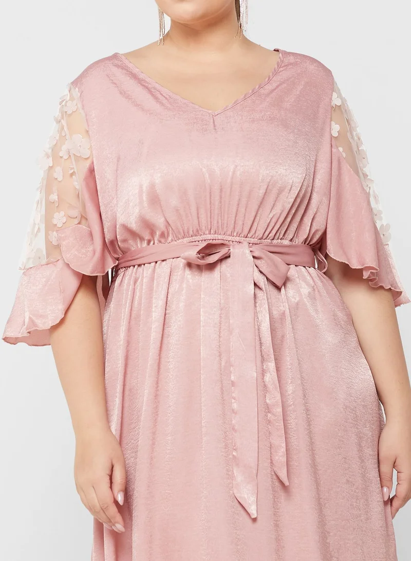 Ella Plus Mesh Cutout Sleeve Detail Belted Dress